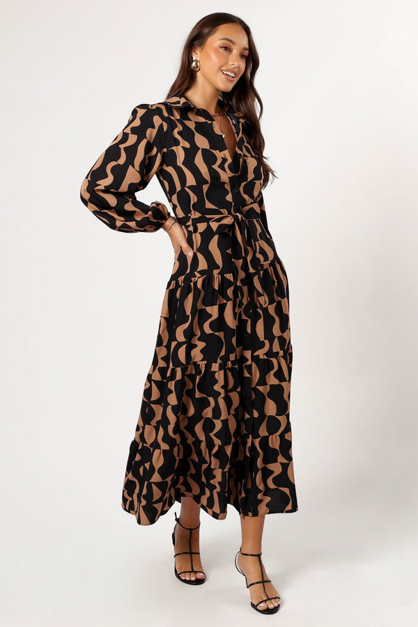 DRESSES @Lincoln Long Sleeve Maxi Dress - Black/Beige