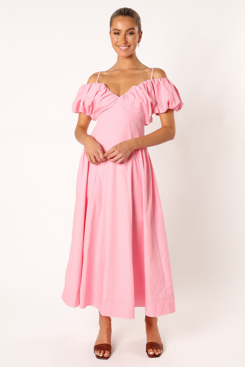 DRESSES @Liner Puff Sleeve Midi Dress - Pink