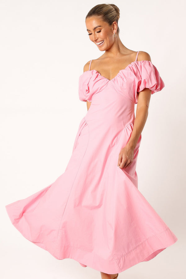 DRESSES @Liner Puff Sleeve Midi Dress - Pink