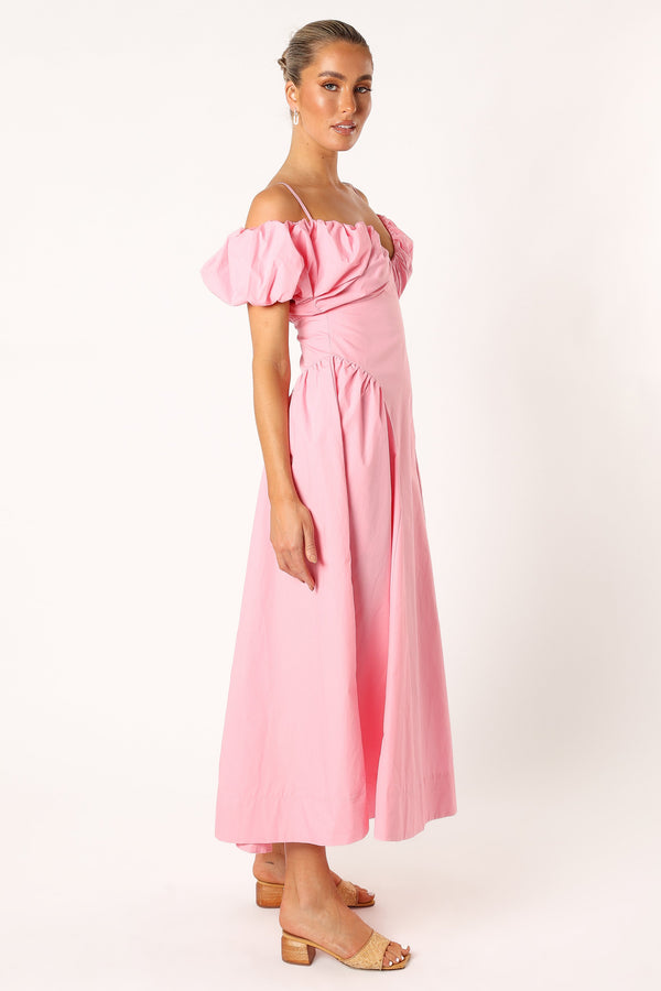 DRESSES @Liner Puff Sleeve Midi Dress - Pink