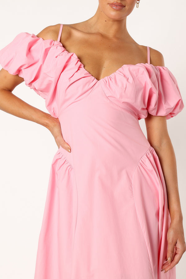 DRESSES @Liner Puff Sleeve Midi Dress - Pink