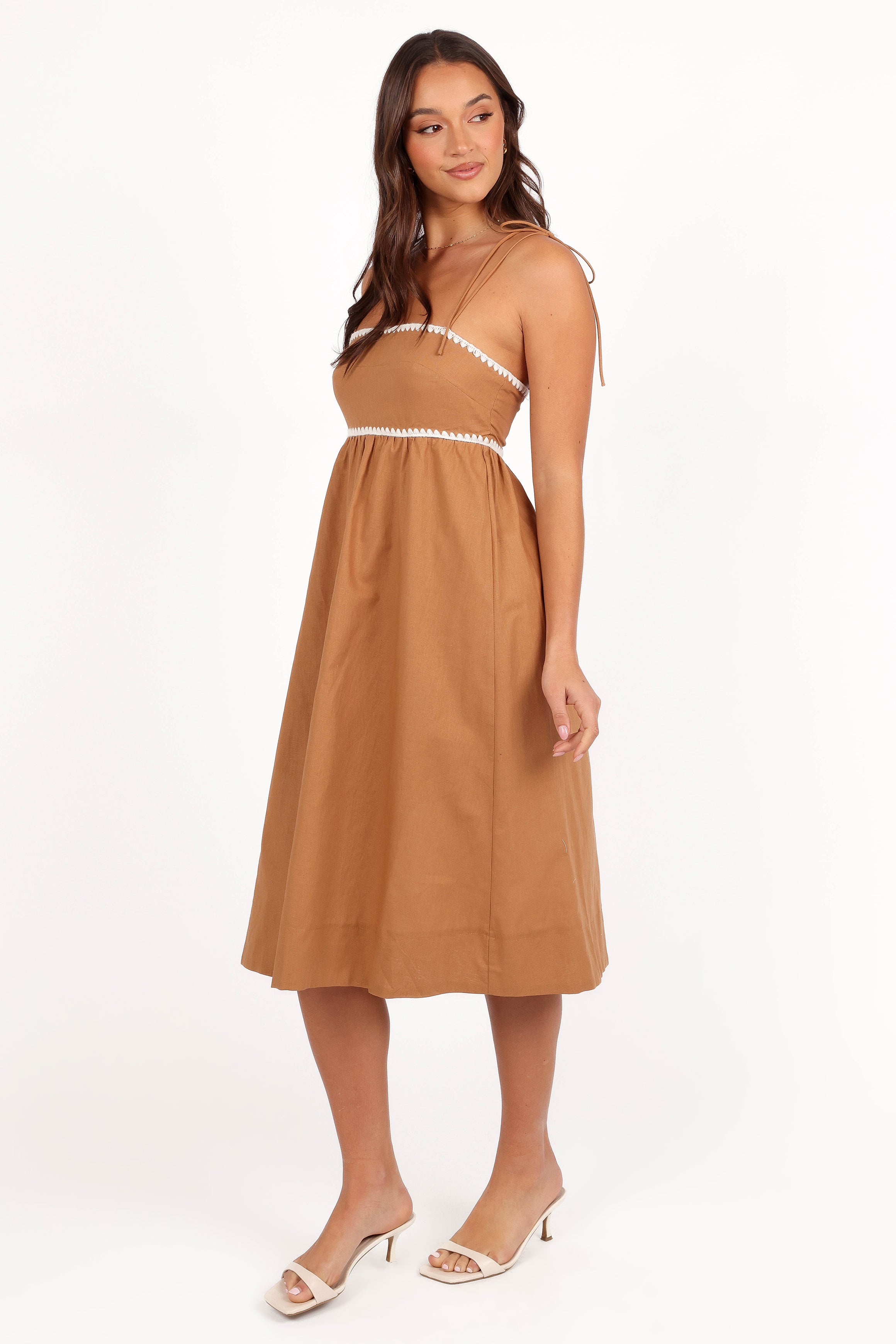 DRESSES Lino Contrast Trim Midi Dress - Tan White