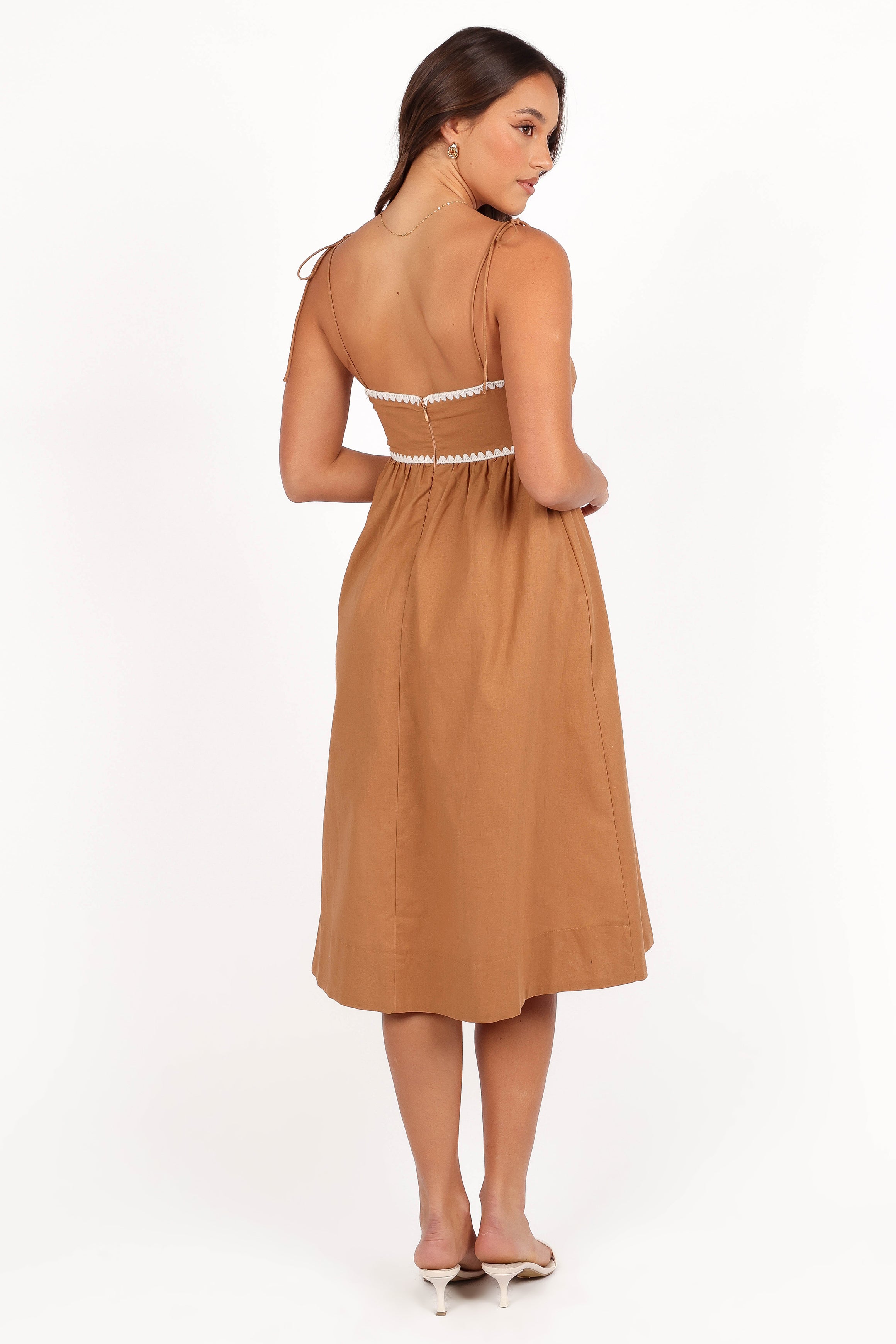 DRESSES Lino Contrast Trim Midi Dress - Tan White