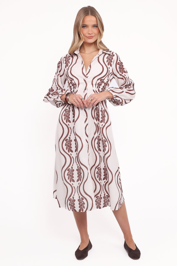 DRESSES Lira Long Sleeve Midi Dress - Brown Print