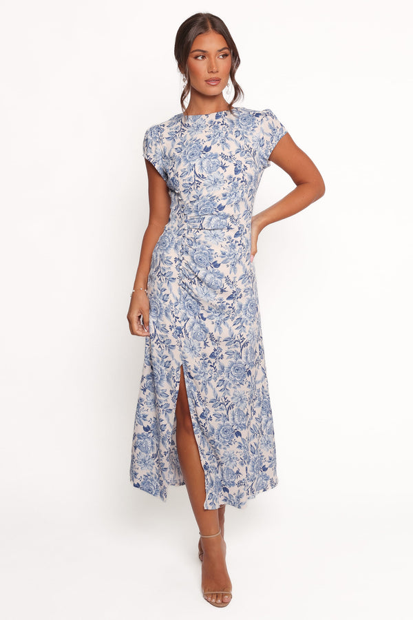 clo puff sleeve midi dress blue stripe Smocked Puff Sleeve Midi Dress in Stripe Poplin (Women)