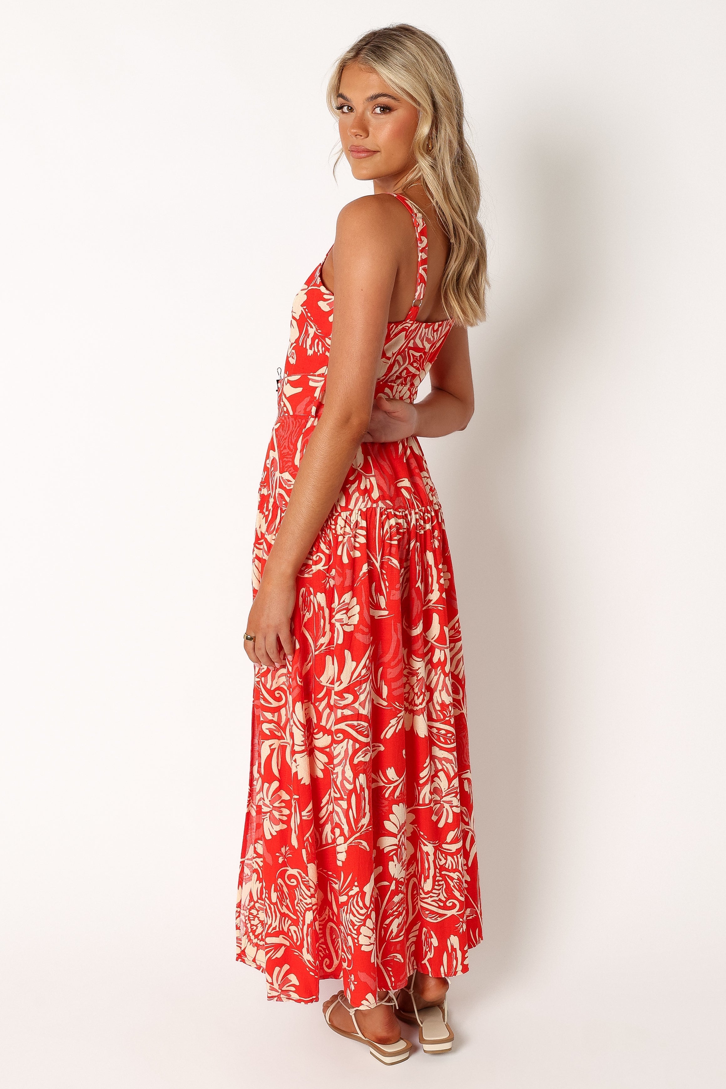 DRESSES @Loretta Belted Midi Dress - Red Floral