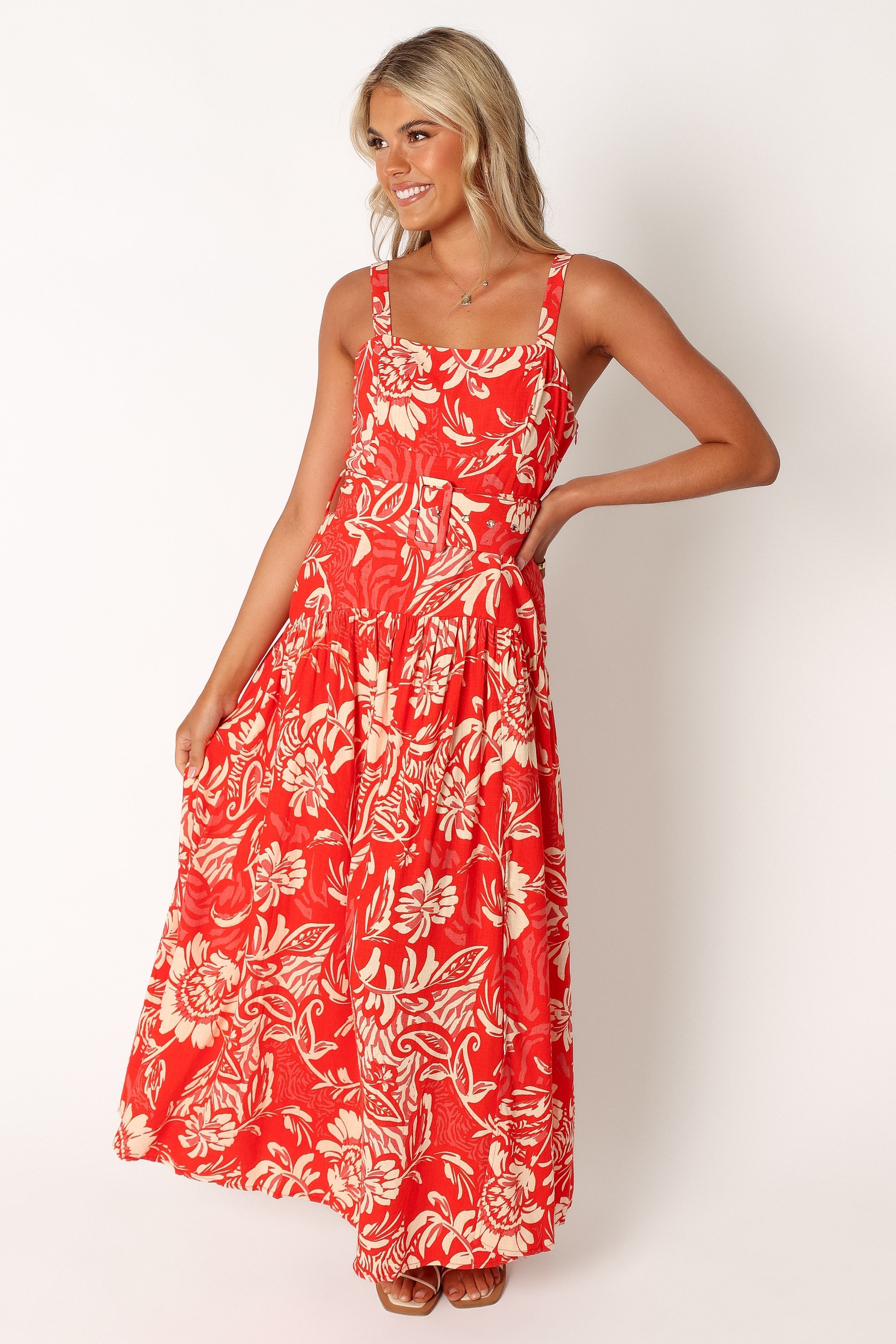 DRESSES @Loretta Belted Midi Dress - Red Floral