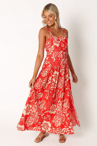 DRESSES @Loretta Belted Midi Dress - Red Floral