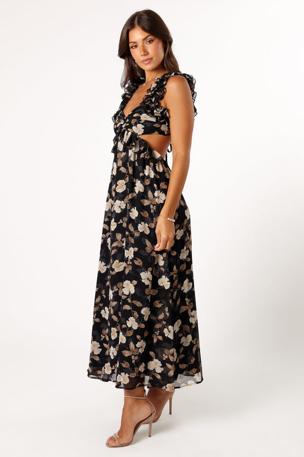 DRESSES @Lucah Frill Shoulder Maxi Dress - Black Floral (Hold for Modern Romance)