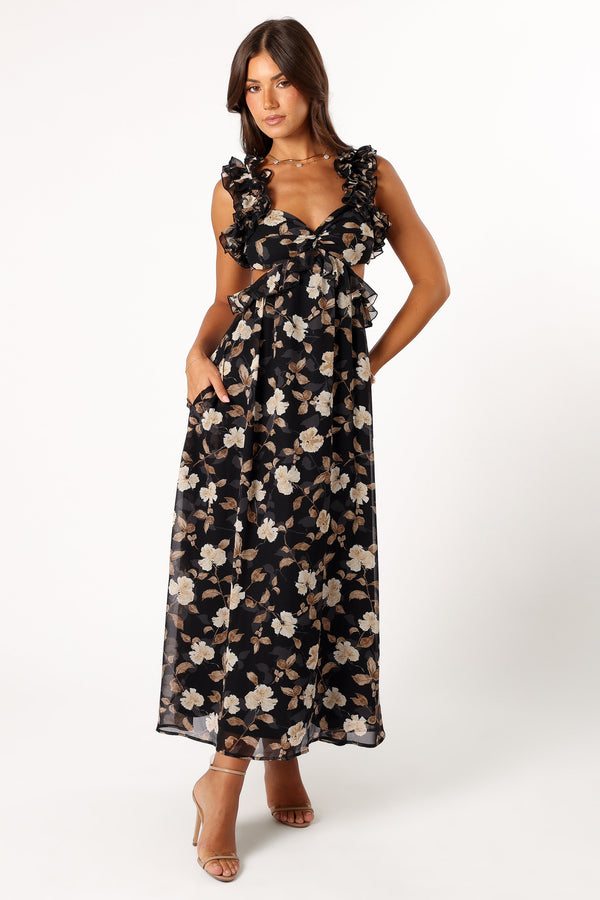 DRESSES @Lucah Frill Shoulder Maxi Dress - Black Floral (Hold for Modern Romance)