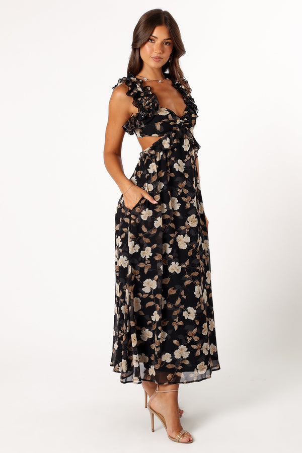 DRESSES @Lucah Frill Shoulder Maxi Dress - Black Floral (Hold for Modern Romance)