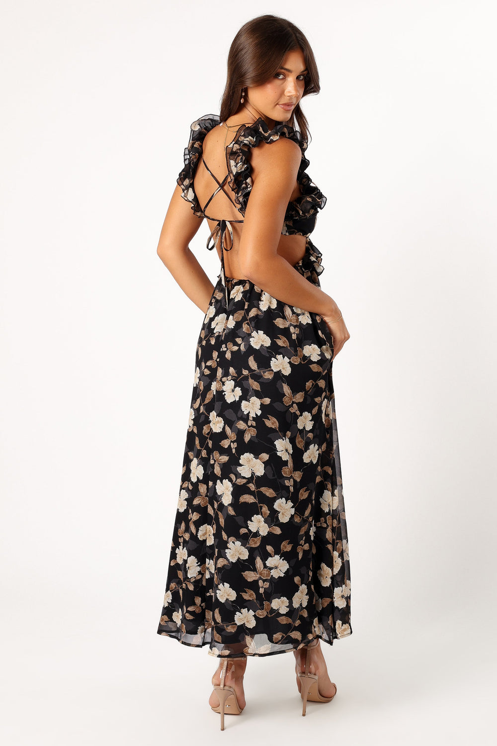 DRESSES @Lucah Frill Shoulder Maxi Dress - Black Floral (Hold for Modern Romance)