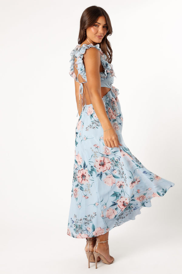 DRESSES @Lucah Frill Shoulder Maxi Dress - Blue Floral (Hold for Modern Romance)