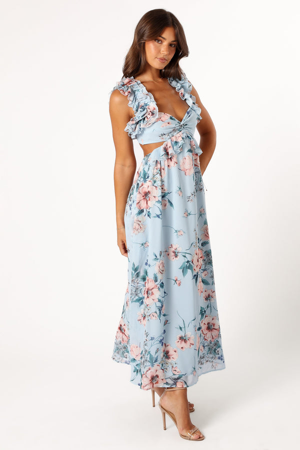 DRESSES @Lucah Frill Shoulder Maxi Dress - Blue Floral (Hold for Modern Romance)