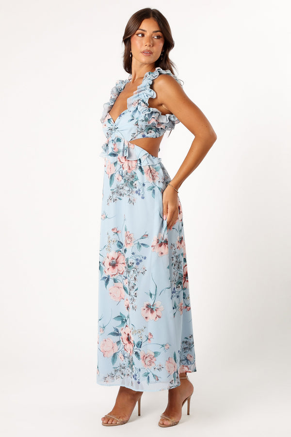 DRESSES @Lucah Frill Shoulder Maxi Dress - Blue Floral (Hold for Modern Romance)