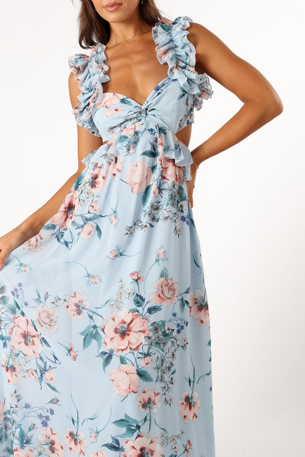 DRESSES @Lucah Frill Shoulder Maxi Dress - Blue Floral (Hold for Modern Romance)