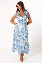 DRESSES @Lucah Frill Shoulder Maxi Dress - Blue White Floral (Hold for Modern Romance)