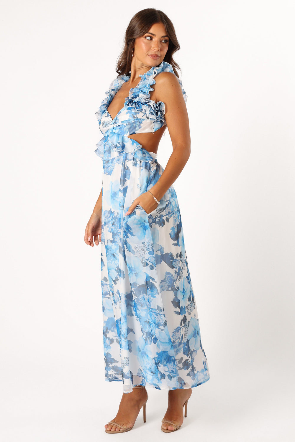 DRESSES @Lucah Frill Shoulder Maxi Dress - Blue White Floral (Hold for Modern Romance)