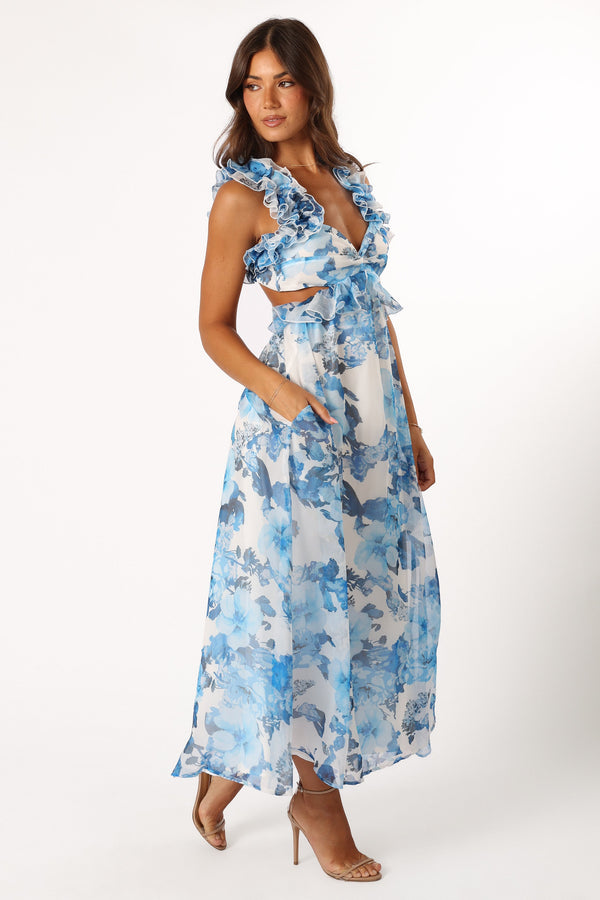 DRESSES @Lucah Frill Shoulder Maxi Dress - Blue White Floral (Hold for Modern Romance)