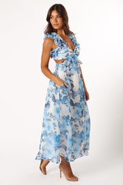 DRESSES @Lucah Frill Shoulder Maxi Dress - Blue White Floral (Hold for Modern Romance)