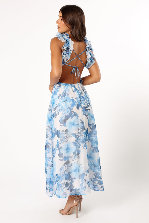 DRESSES @Lucah Frill Shoulder Maxi Dress - Blue White Floral (Hold for Modern Romance)