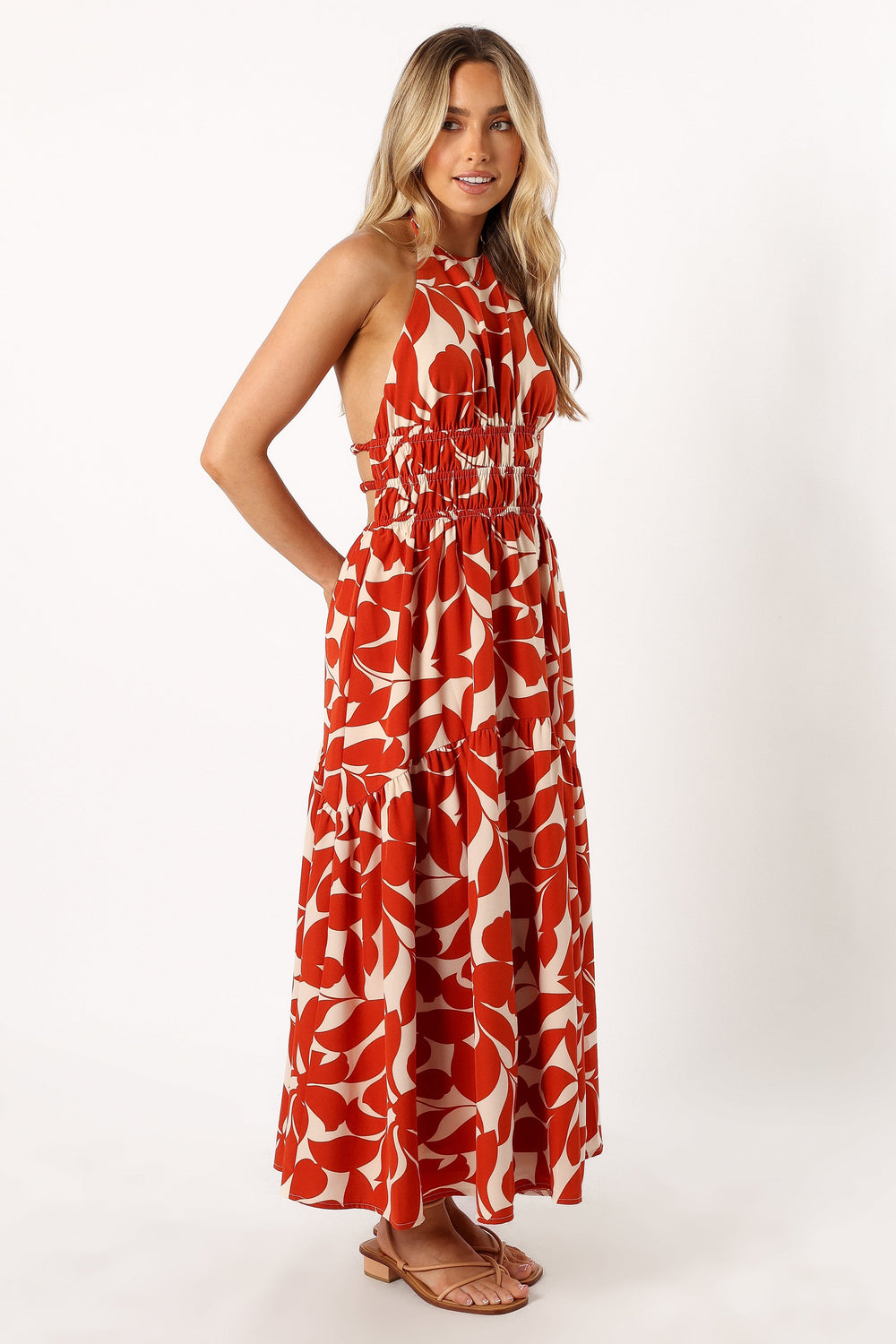 DRESSES @Maha Halterneck Maxi Dress - Tan Floral
