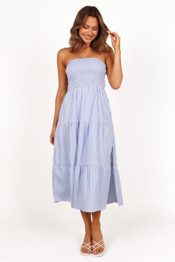 DRESSES Maisie Strapless Midi Dress - Blue Stripe