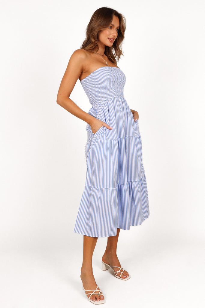 Blue and white striped strapless dress hotsell