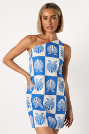 DRESSES @Matteo One Shoulder Mini Dress - Blue Print