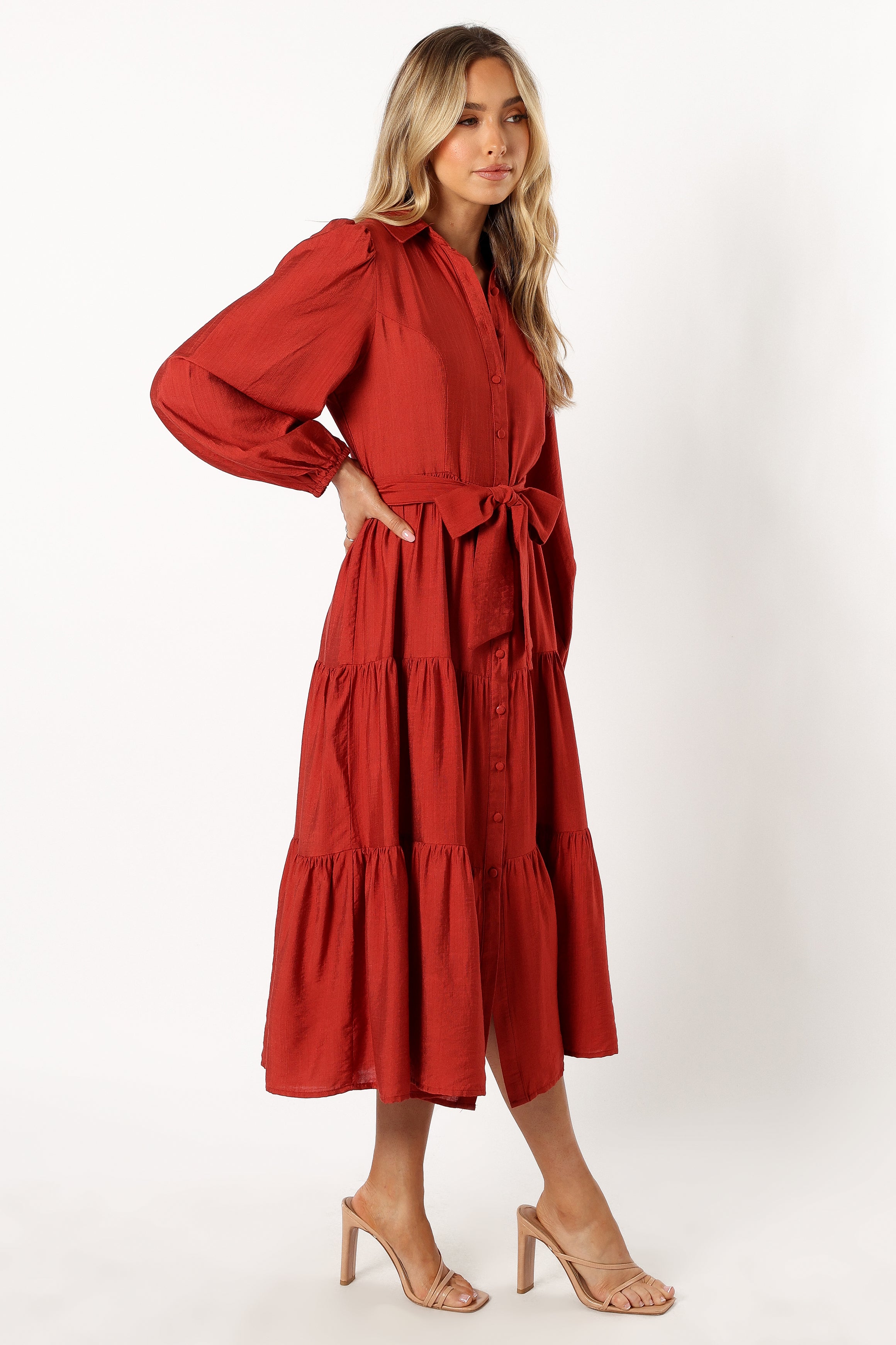 DRESSES @Mattie Long Sleeve Midi Dress - Rust