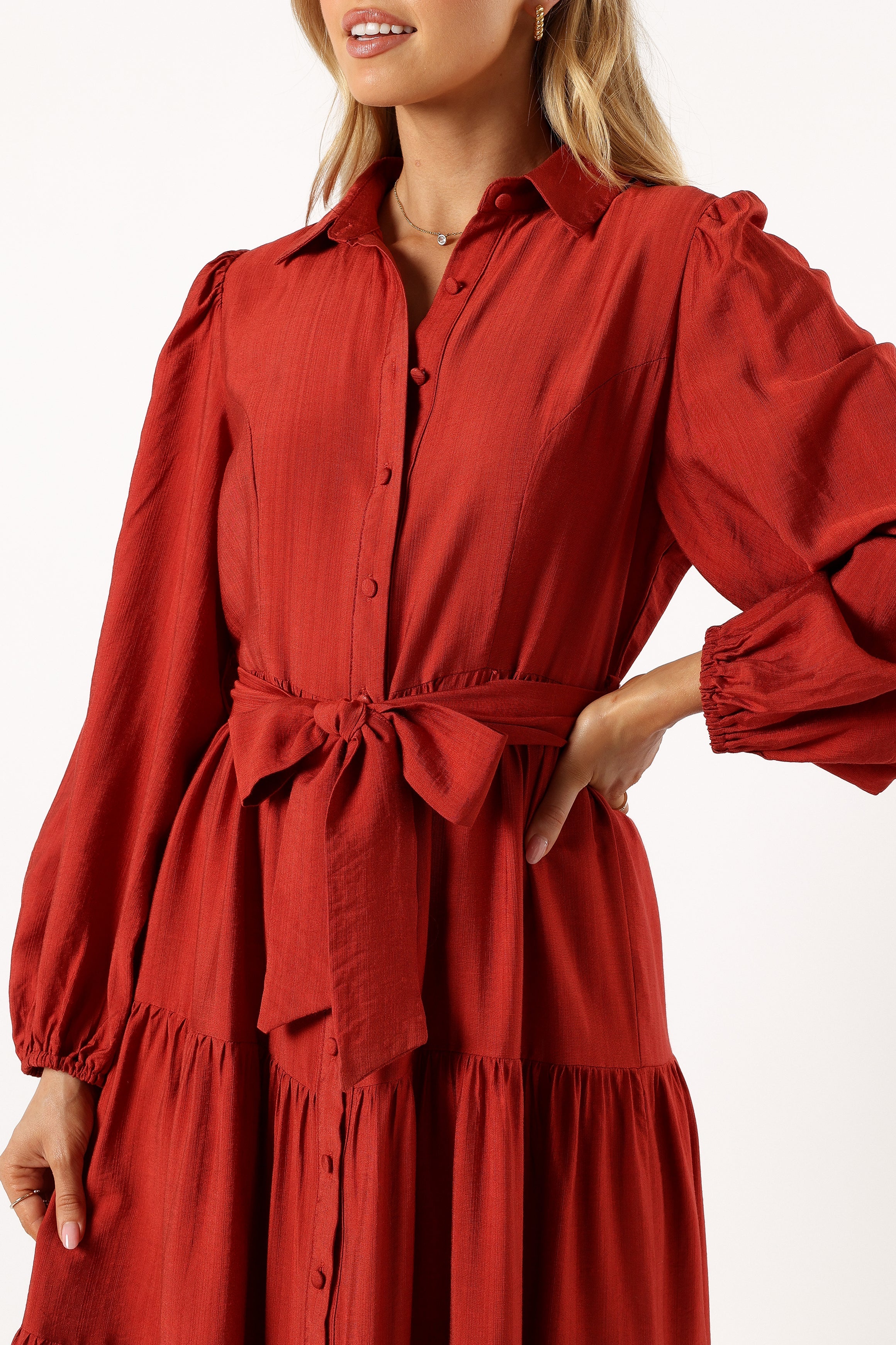 DRESSES @Mattie Long Sleeve Midi Dress - Rust