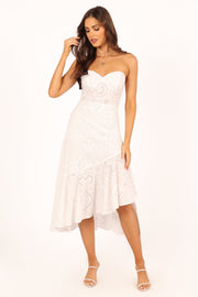 DRESSES @Melanie Strapless Midi Dress - White