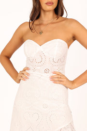 DRESSES @Melanie Strapless Midi Dress - White