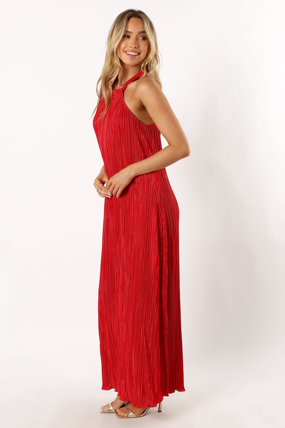 DRESSES @Melody Halterneck Plisse Midi Dress - Red