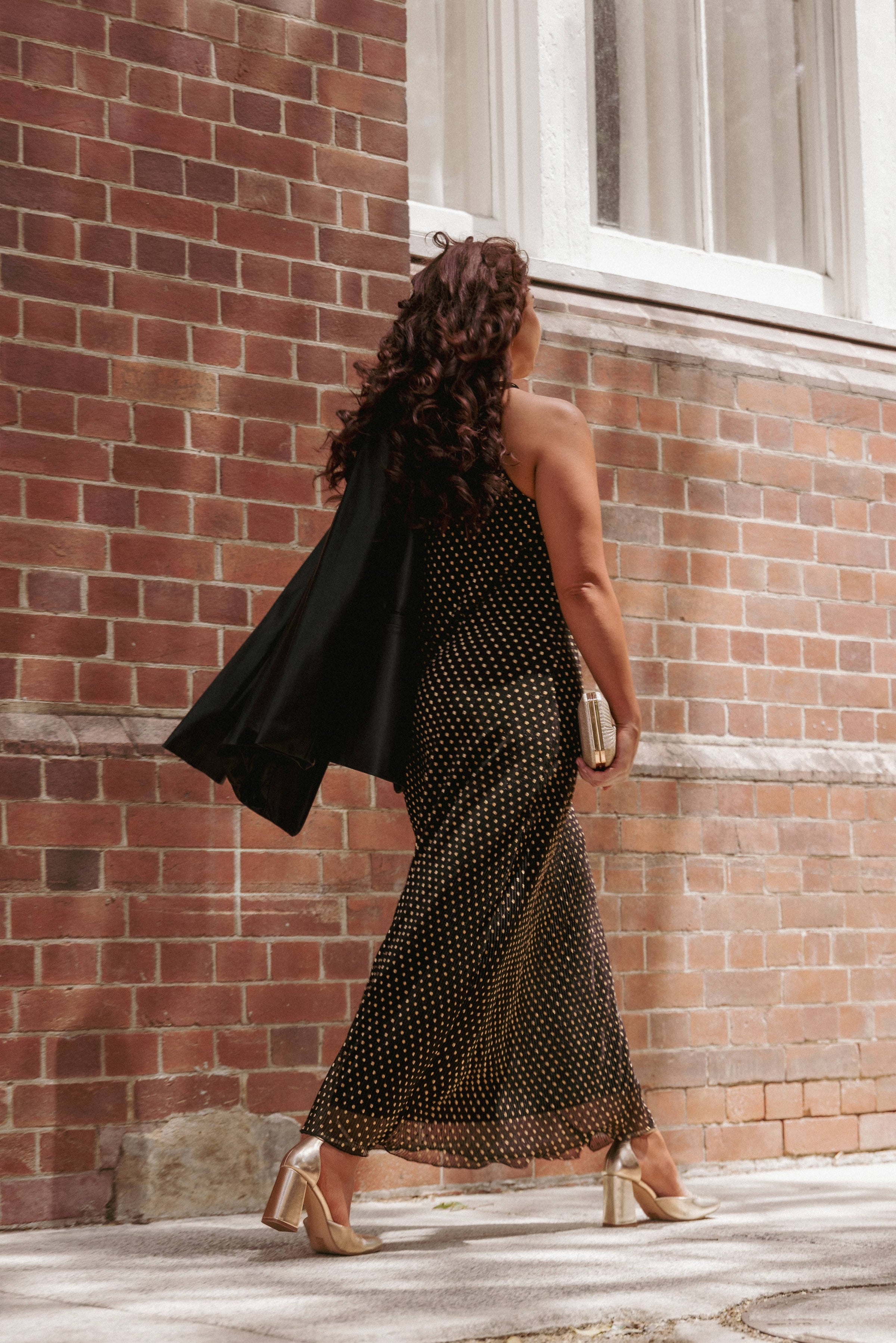 DRESSES Melody Plisse Halter Maxi Dress - Black/Gold Polka Dot