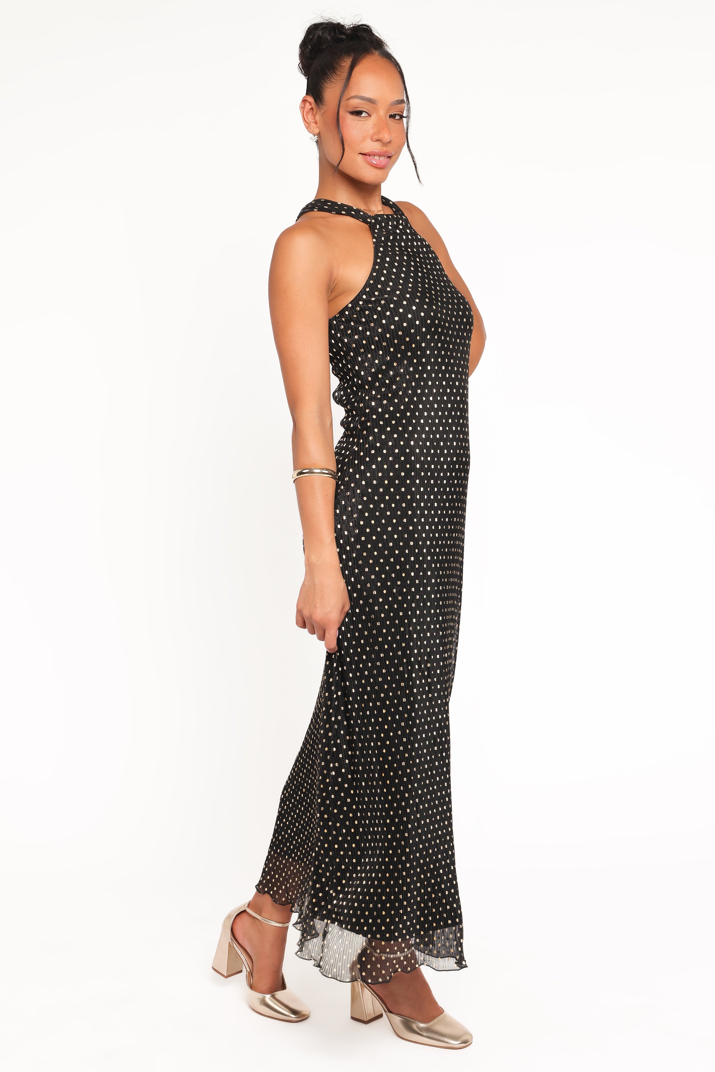 DRESSES Melody Plisse Halter Maxi Dress - Black/Gold Polka Dot