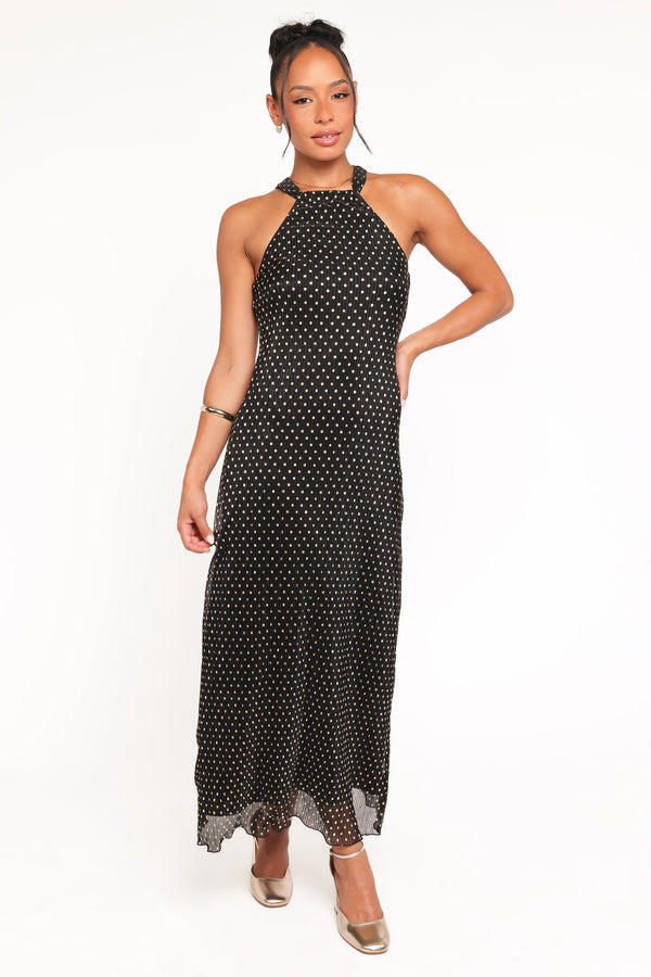 DRESSES Melody Plisse Halter Maxi Dress - Black/Gold Polka Dot