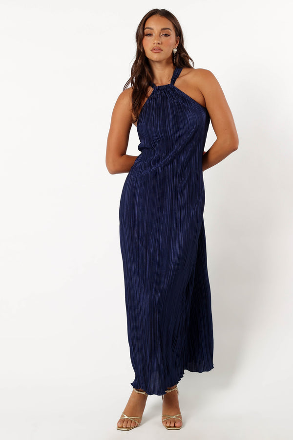 DRESSES @Melody Plisse Halter Maxi Dress - Navy