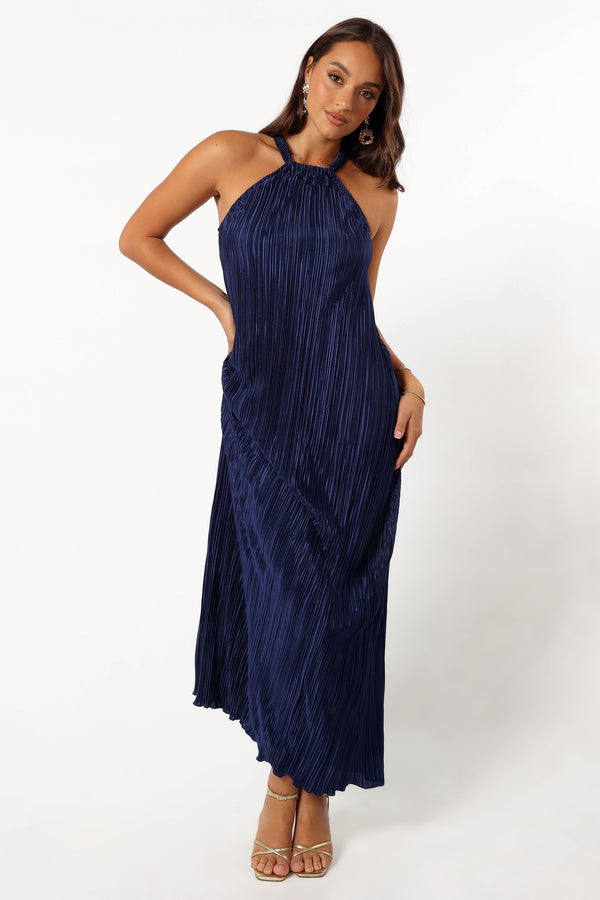 DRESSES @Melody Plisse Halter Maxi Dress - Navy