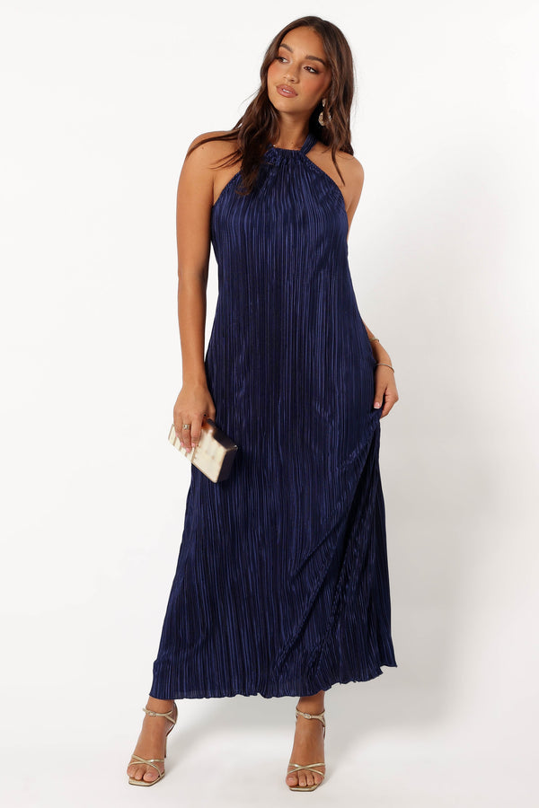 DRESSES @Melody Plisse Halter Maxi Dress - Navy