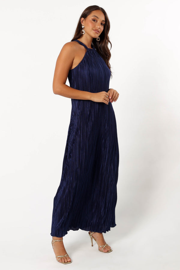 DRESSES @Melody Plisse Halter Maxi Dress - Navy