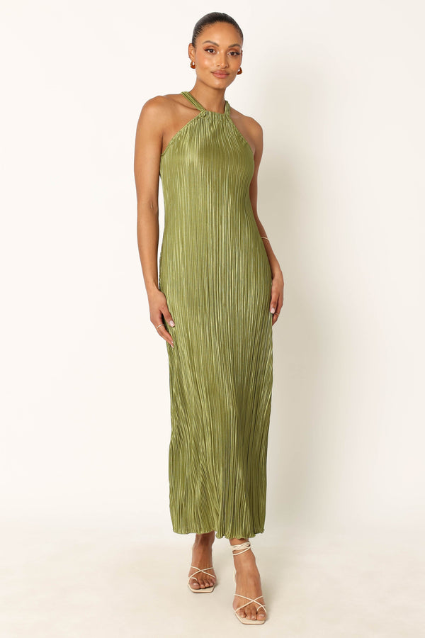 DRESSES @Melody Plisse Halter Maxi Dress - Olive