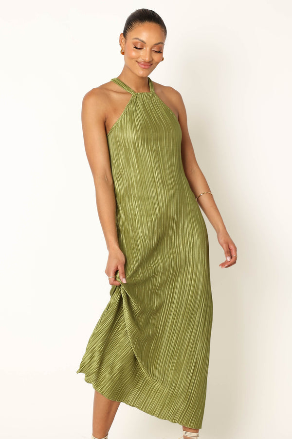 DRESSES @Melody Plisse Halter Maxi Dress - Olive