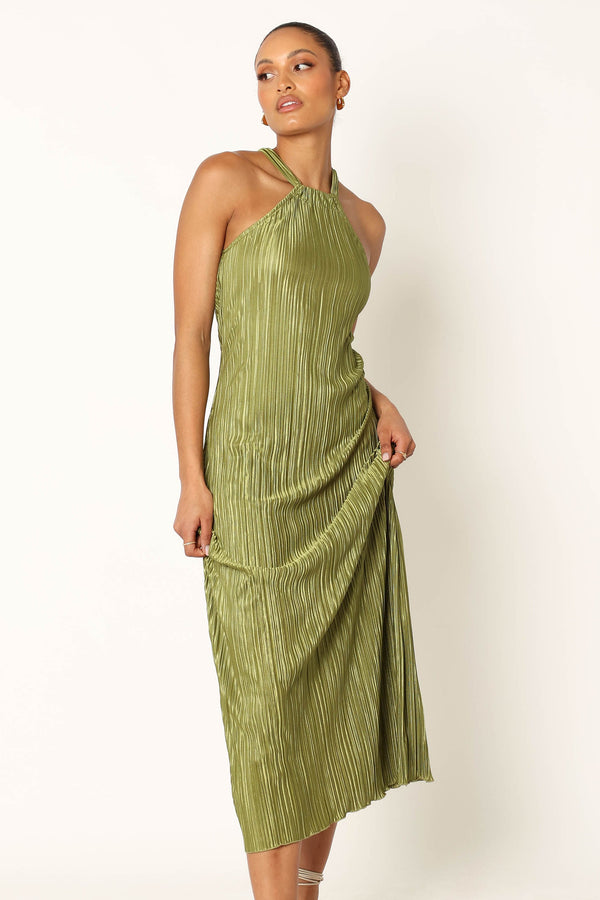 DRESSES @Melody Plisse Halter Maxi Dress - Olive