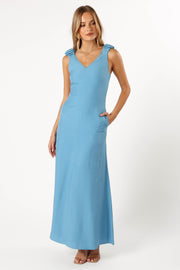 DRESSES @Michael Ruched Strap Maxi Dress - Blue