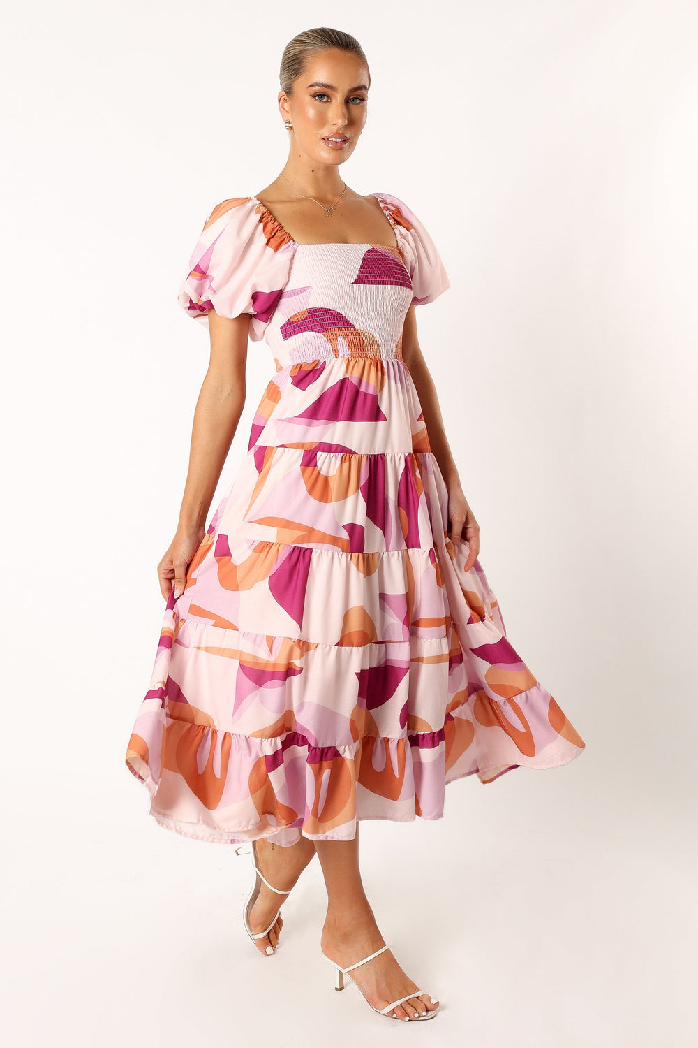 DRESSES @Mollie Puff Sleeve Midi Dress - Pink Swirl