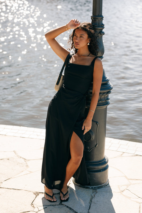 DRESSES @Nadea Faux Wrap Maxi Dress - Black (Hold for Euro Summer)