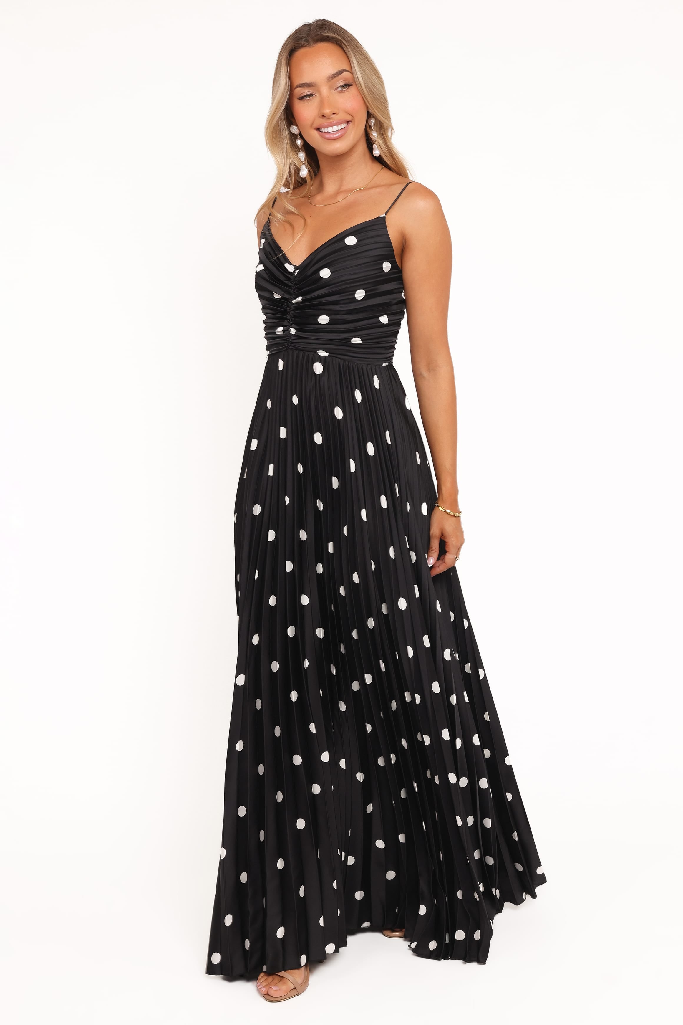 Naira Pleated Maxi Dress - Black Polka Dot | Petal & Pup