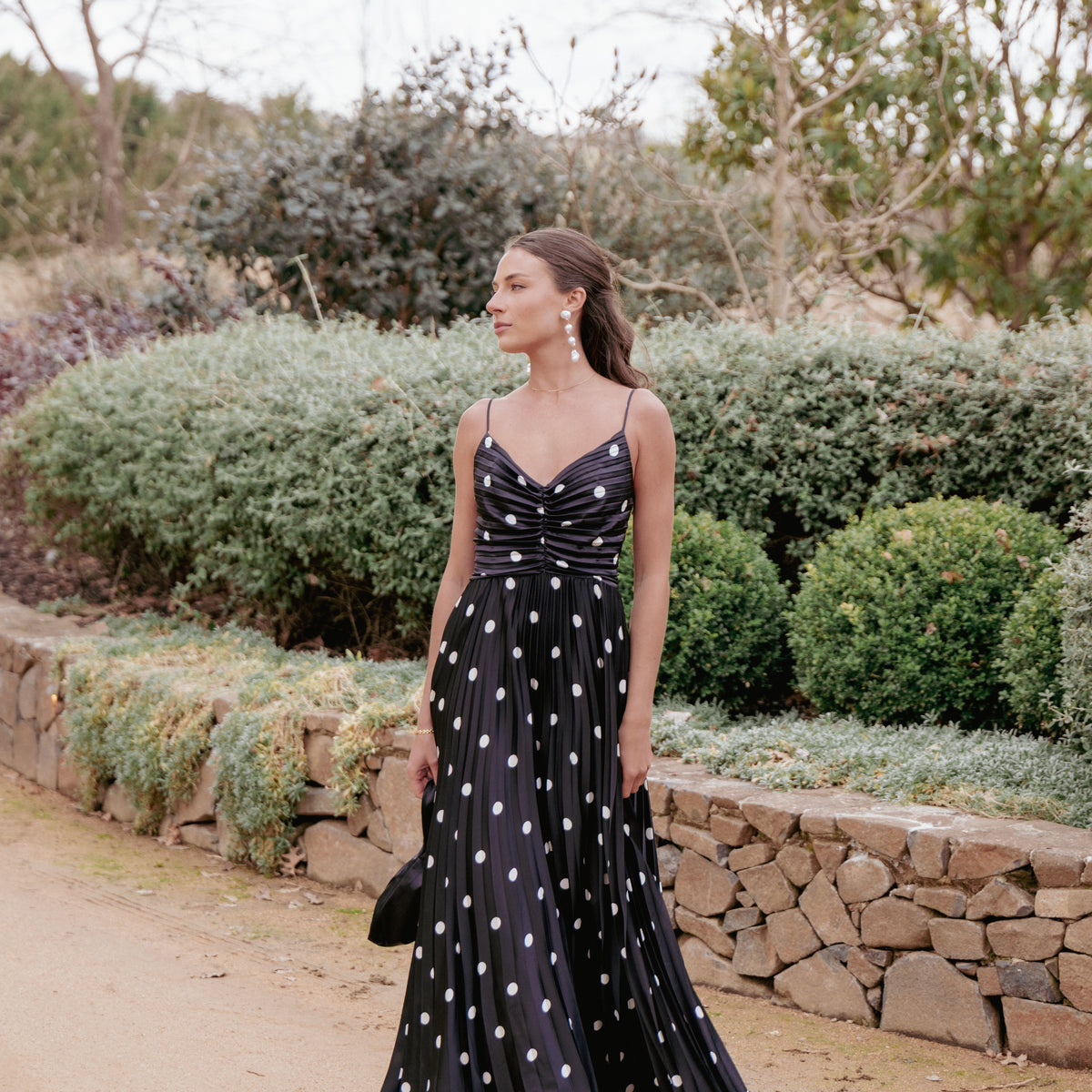 Naira Pleated Maxi Dress - Black Polka Dot