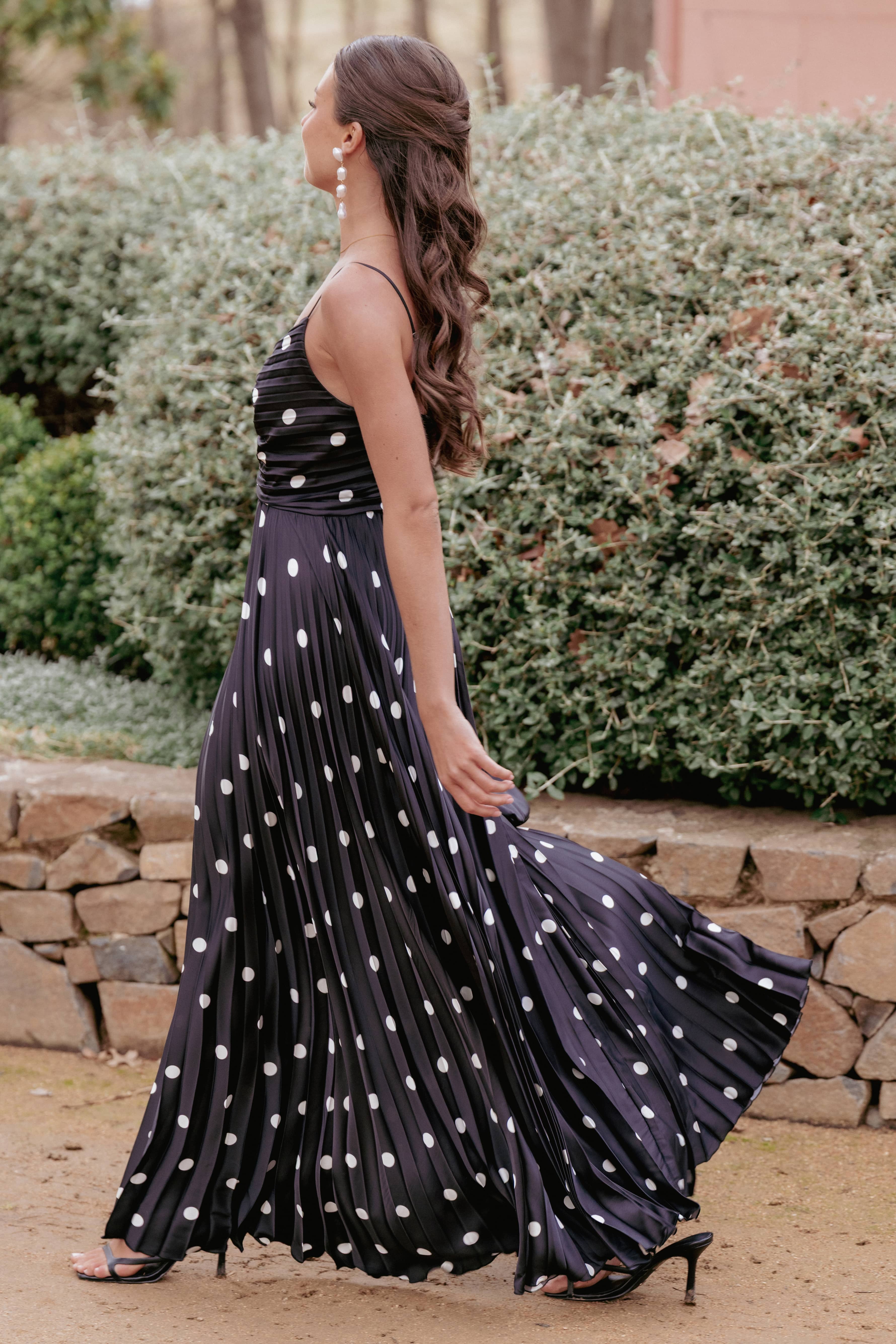 Naira Pleated Maxi Dress - Black Polka Dot | Petal & Pup
